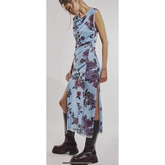 FREE PEOPLE Floral Rose Print Mesh Carmel Side Slit Bodycon Midi Dress L - Picture 11 of 11
